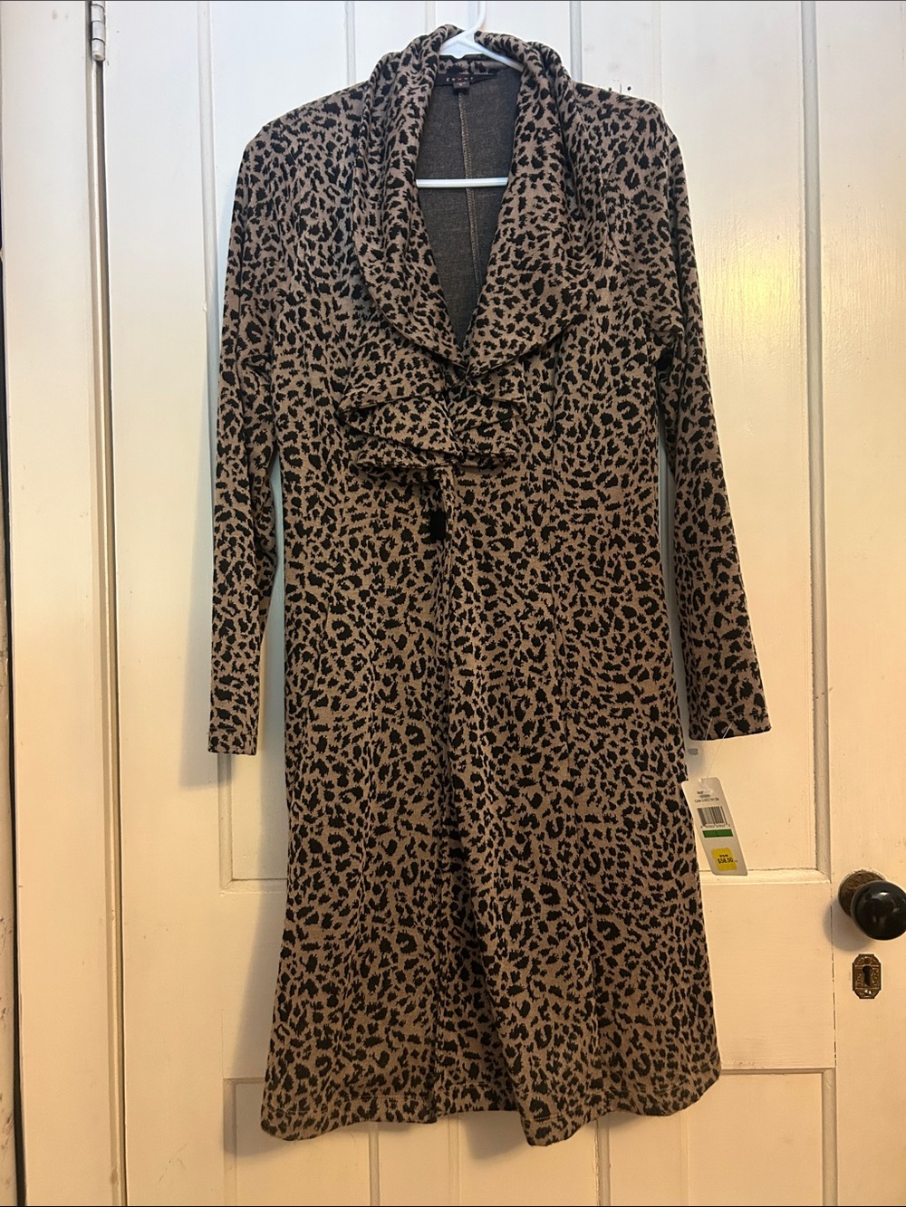 Long Sleeve Leopard-Print Ruffle-Front sweater in Brown